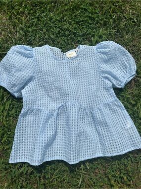 Anthropologie Mauve Light Blue Gingham Peplum Top